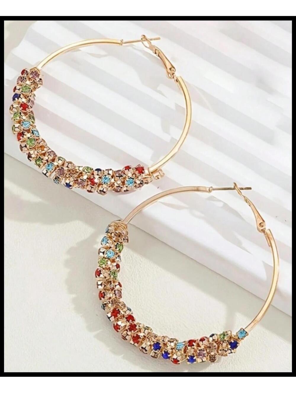 Large multicolor sparkle hoop - Earrings - Gold - CZs - 1.75" - Picture 1 of 4